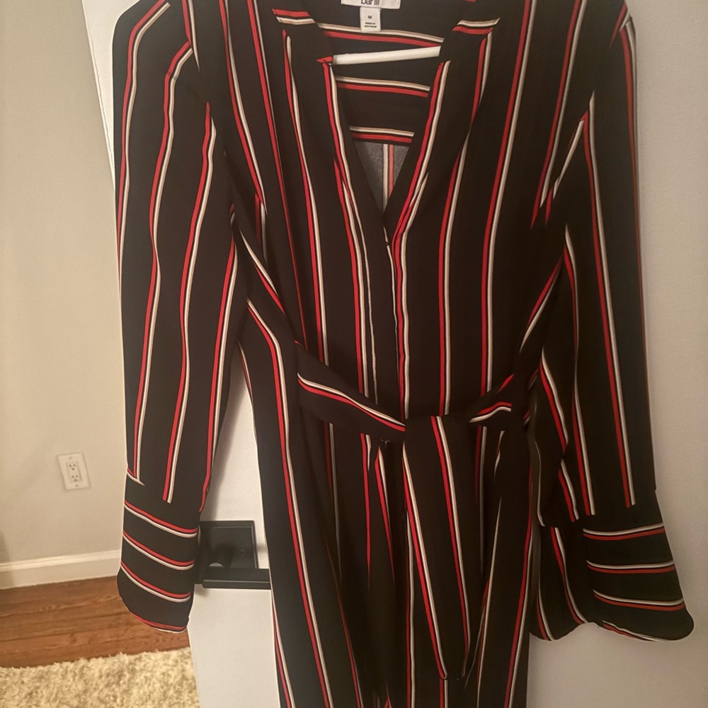 Black Striped Wrap Dress with Red & White Accents